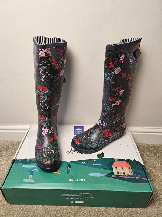New In Box Joules Field Welly Art Floral Print Wellington Boots - RRP 59.95