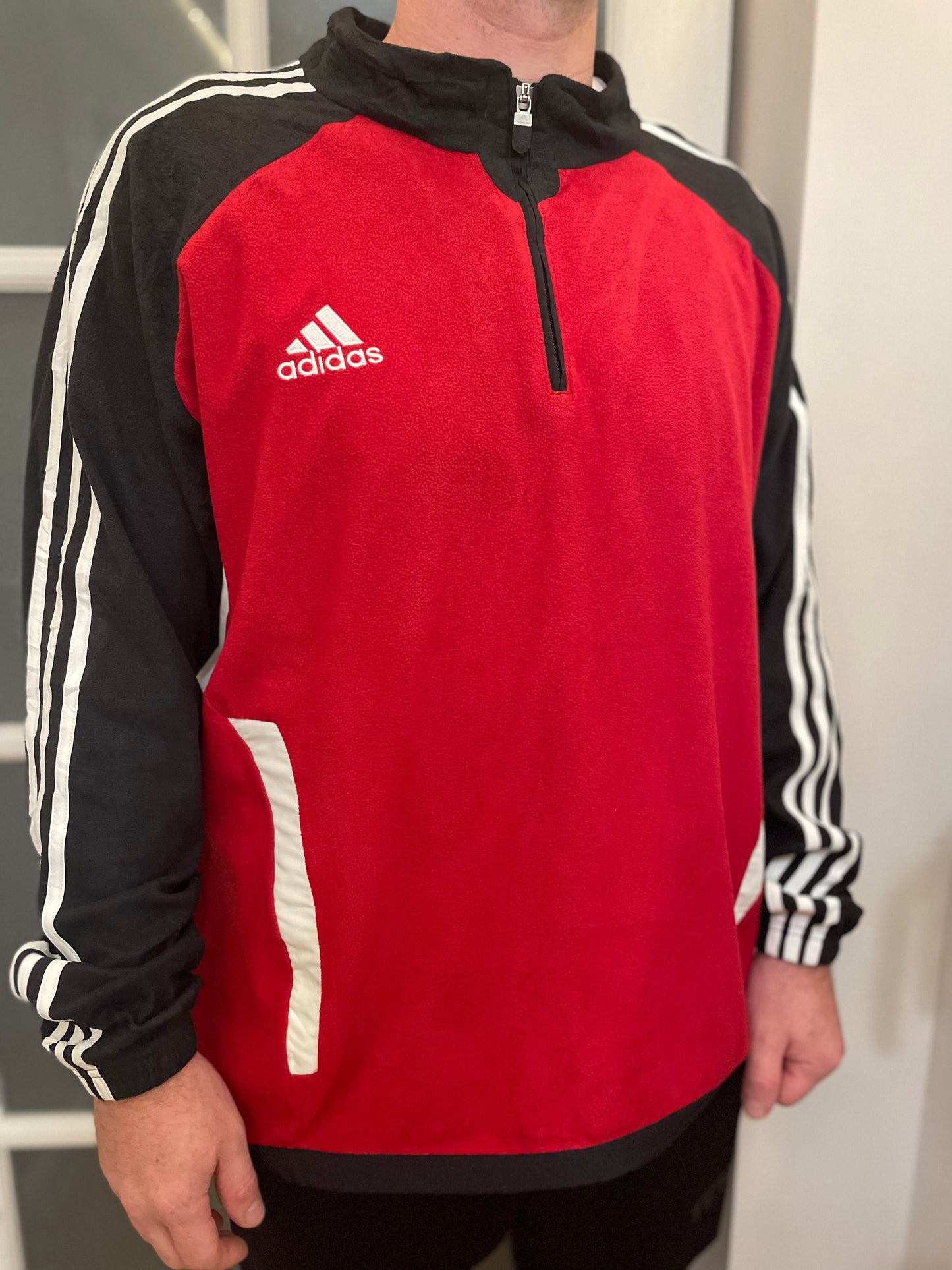 Vintage Adidas Red/Black Pullover 1/4 Zip Fleece Jumper/Sweatshirt Pullover - XL/Extra Large
