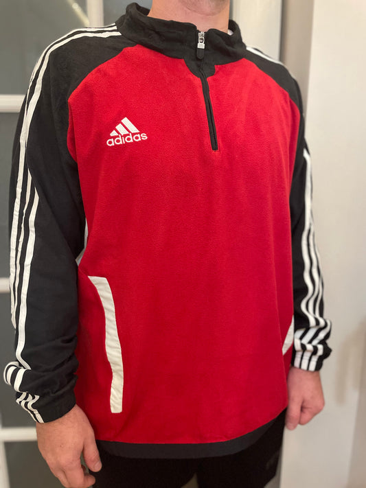 Vintage Adidas Red/Black Pullover 1/4 Zip Fleece Jumper/Sweatshirt Pullover - XL/Extra Large