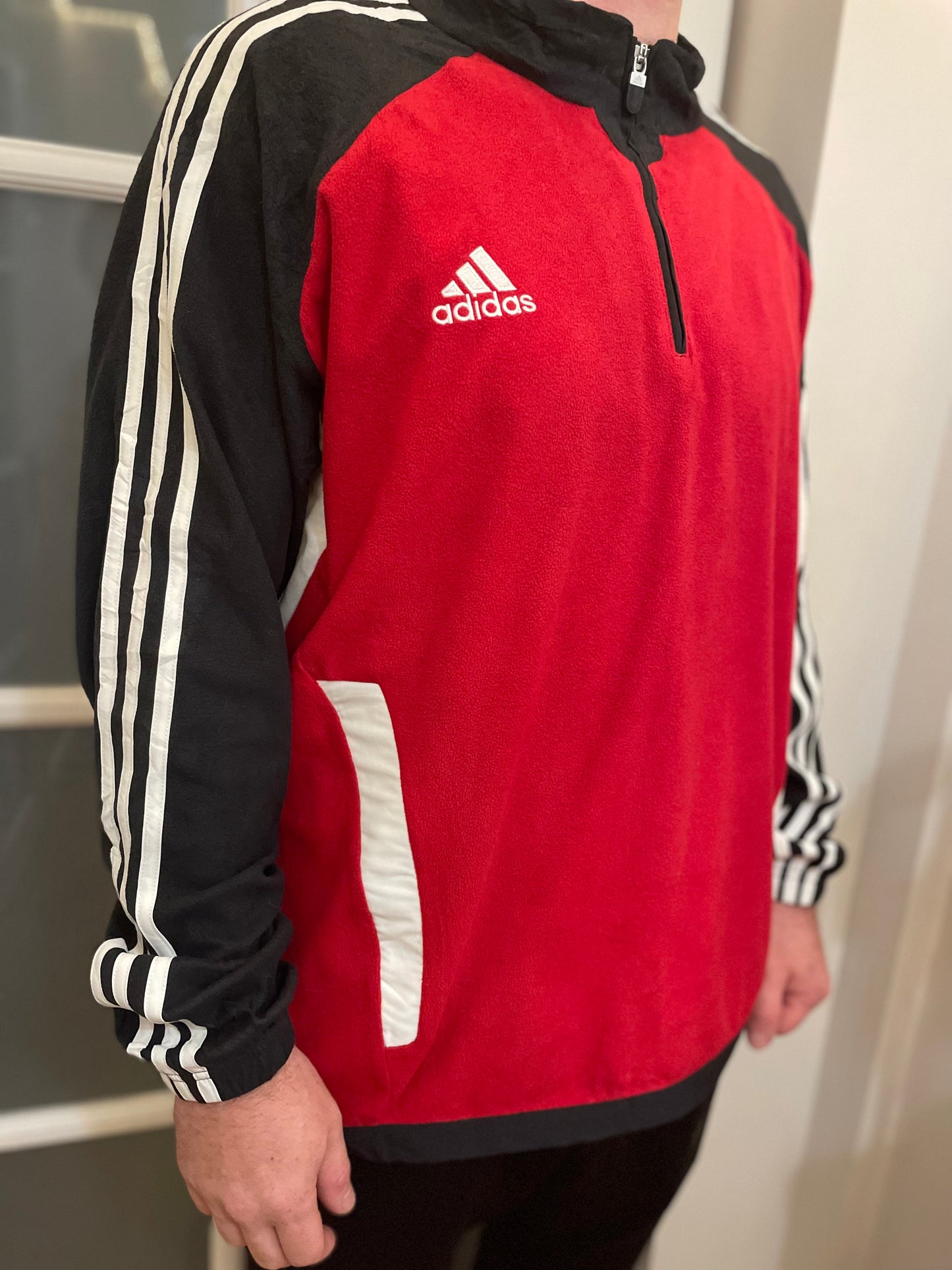 Vintage Adidas Red/Black Pullover 1/4 Zip Fleece Jumper/Sweatshirt Pullover - XL/Extra Large