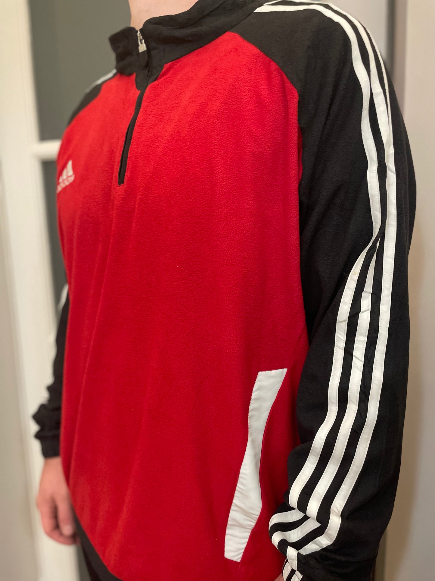 Vintage Adidas Red/Black Pullover 1/4 Zip Fleece Jumper/Sweatshirt Pullover - XL/Extra Large