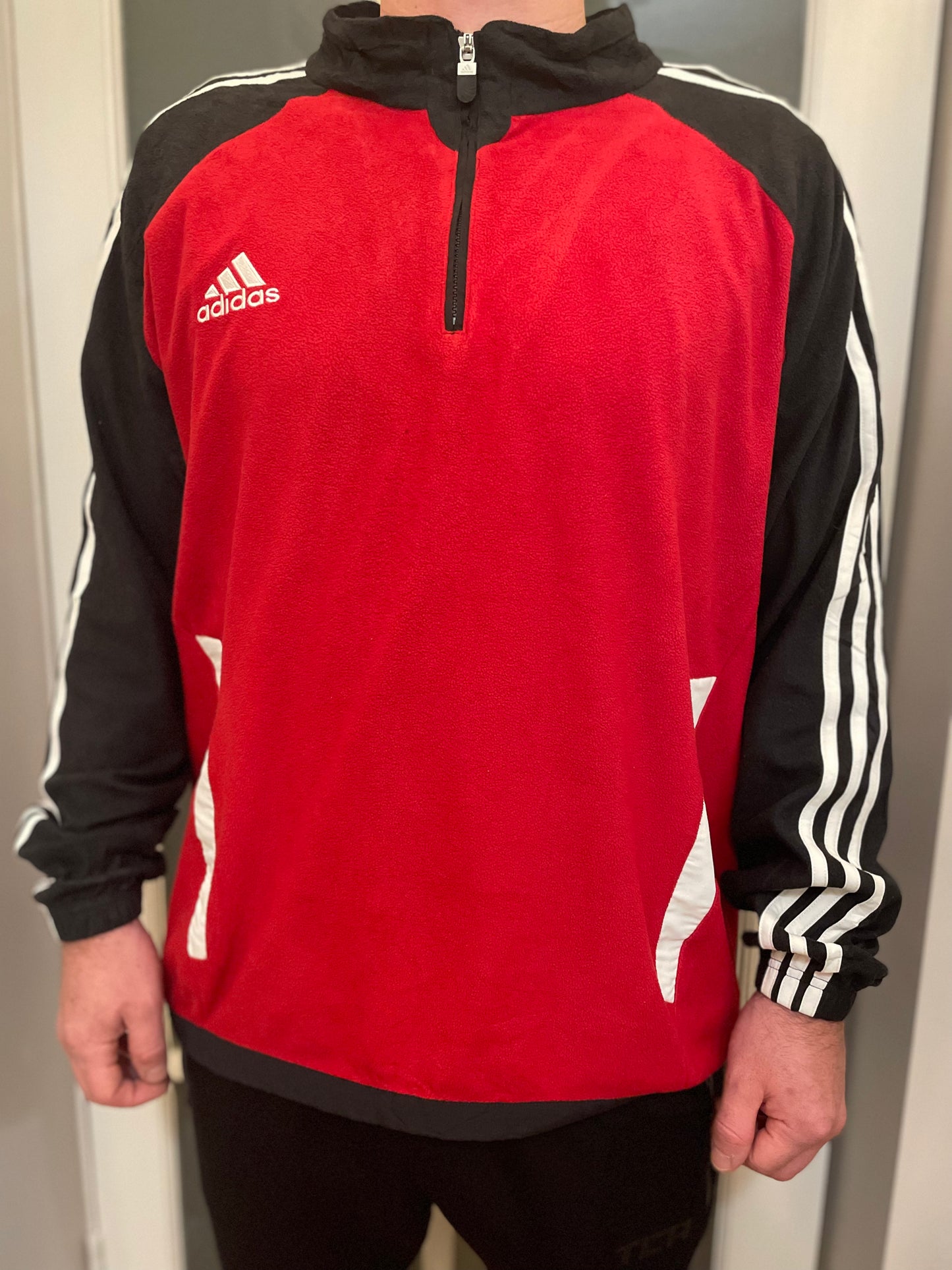 Vintage Adidas Red/Black Pullover 1/4 Zip Fleece Jumper/Sweatshirt Pullover - XL/Extra Large