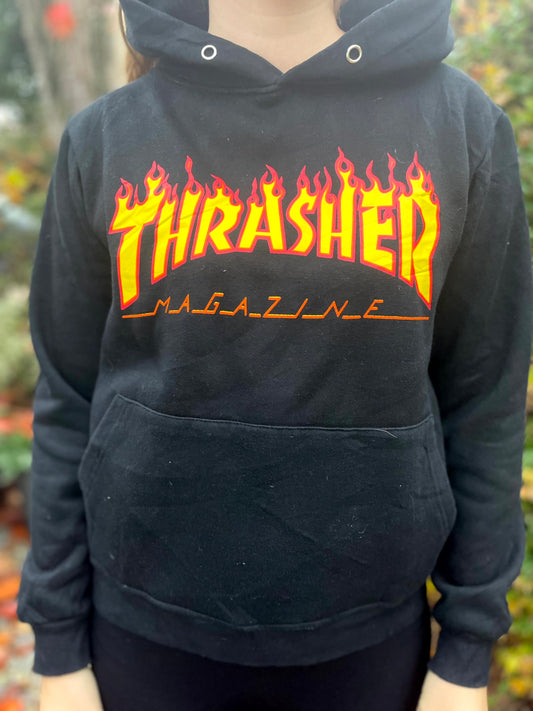 Thrasher Y2K Skateboard Magazine Black Flames Pullover Hoodie - S/Small
