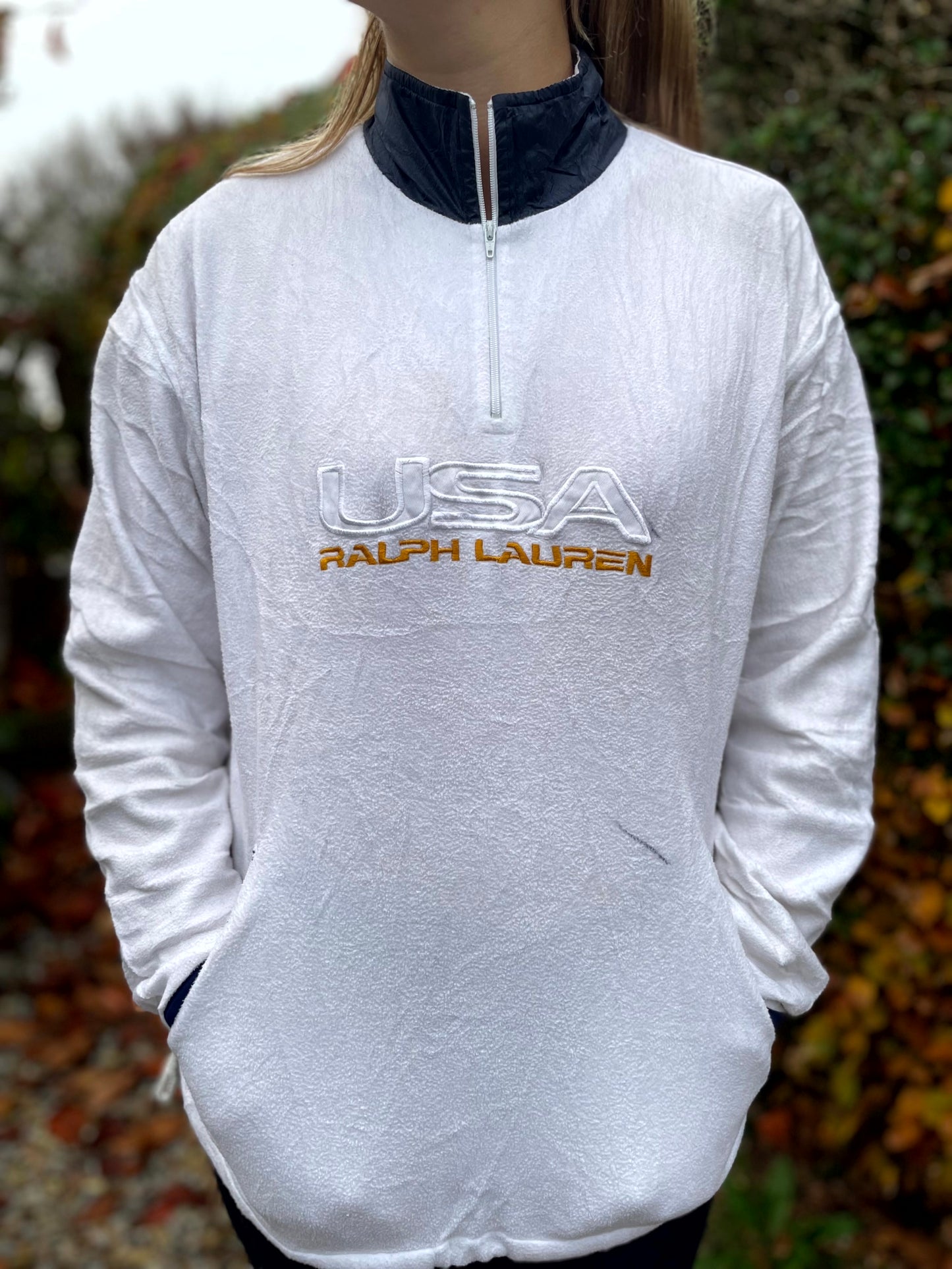 Vintage Ralph Lauren Polo Sport White Fleece 1/4 Zip Pullover Jumper - S/Small