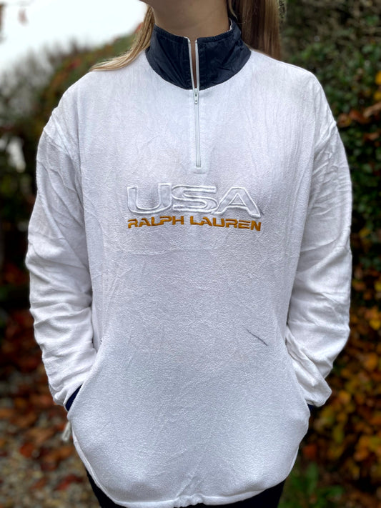 Vintage Ralph Lauren Polo Sport White Fleece 1/4 Zip Pullover Jumper - S/Small