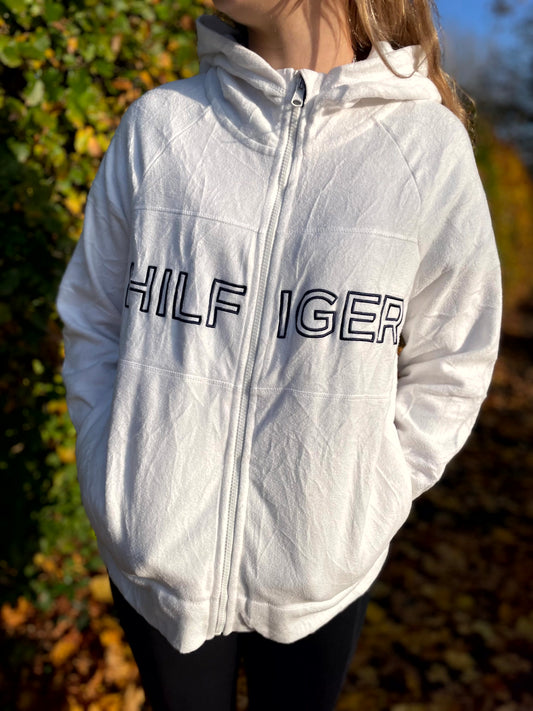 Vintage White Tommy Hilfiger Full Zip Fleece Hoodie Jacket - L/Large