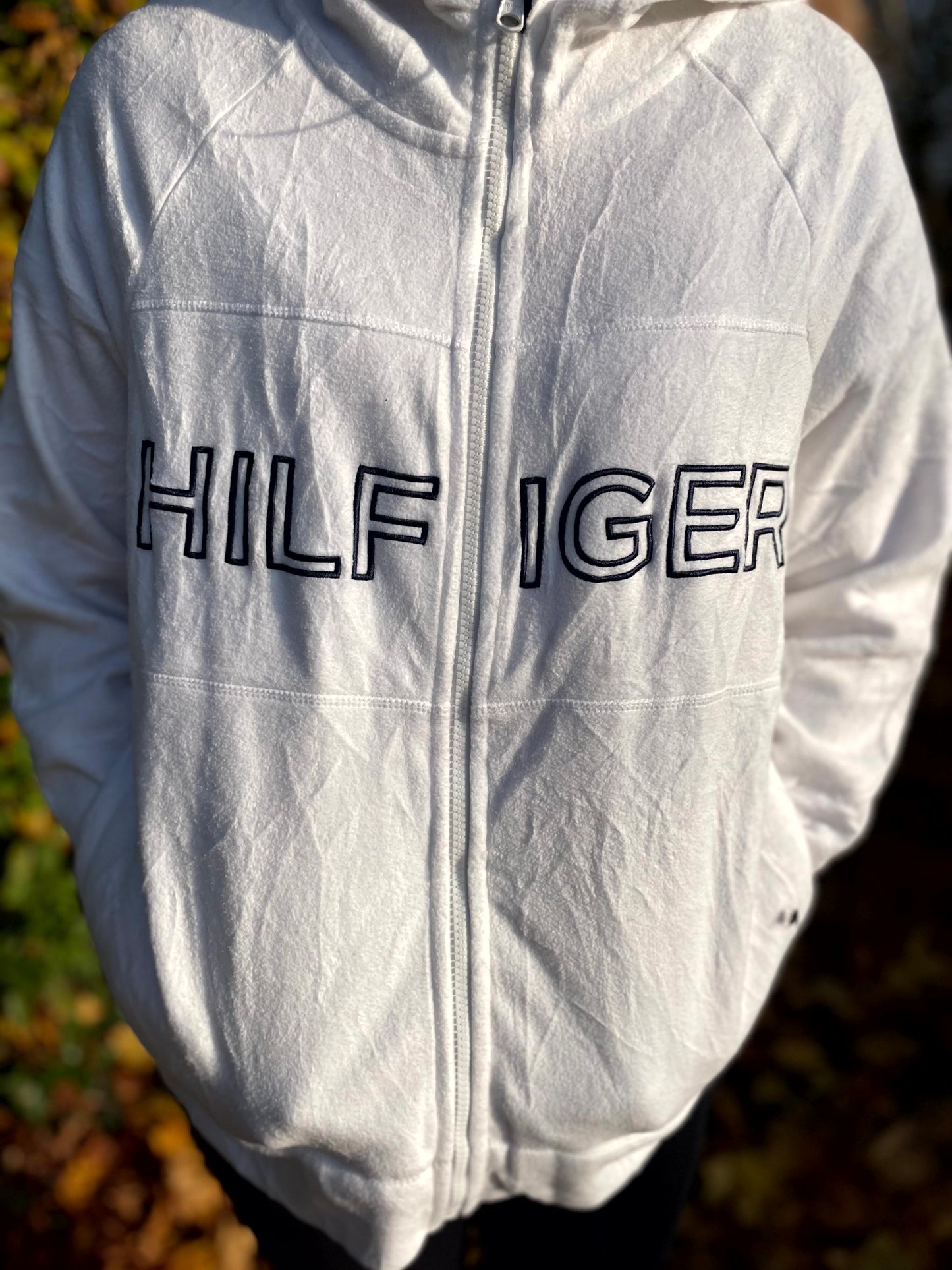 Vintage White Tommy Hilfiger Full Zip Fleece Hoodie Jacket - L/Large