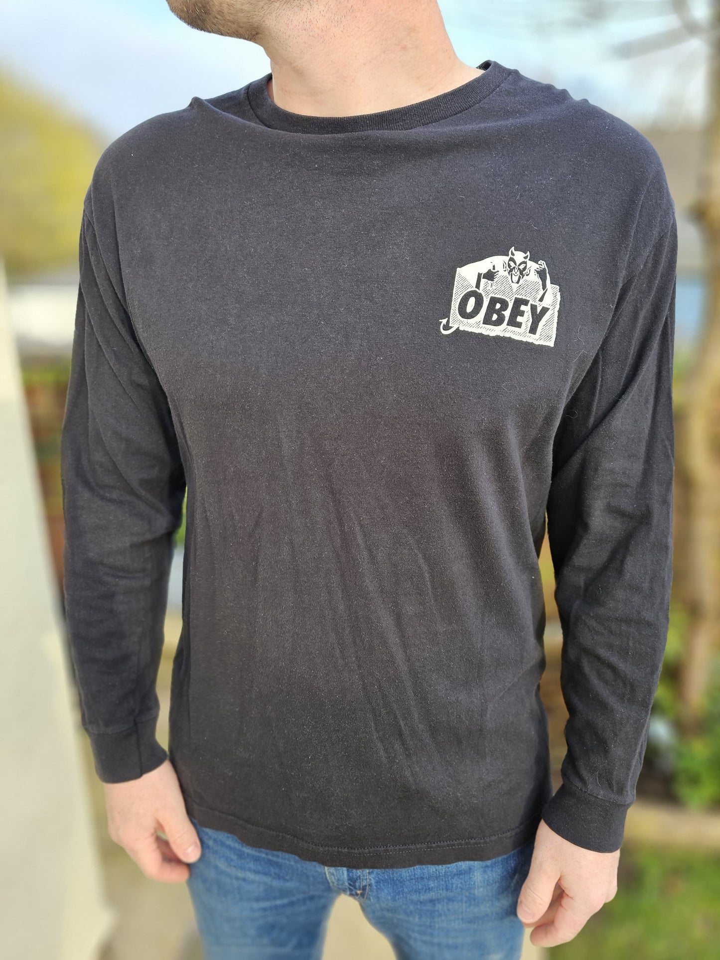 Awesome Obey Devil Black Long Sleeve Tee T-Shirt Top - L/Large