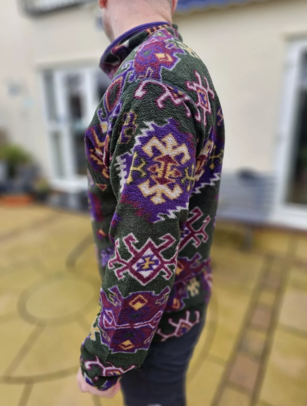 Vintage Columbia Fleece Pattern Pullover Snap Button Jumper - L/Large - Made In USA