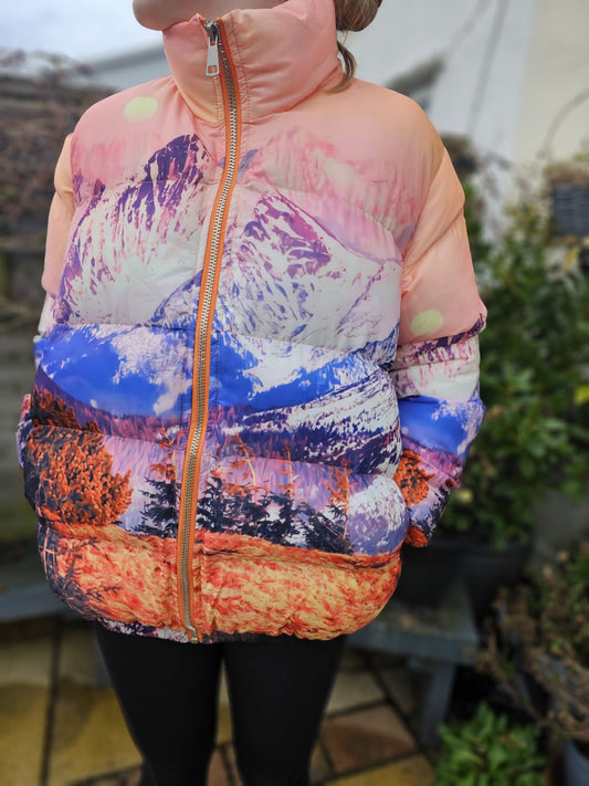 Women's Nasty Gal Mountain Print Puffer Jacket Coat - 8/10