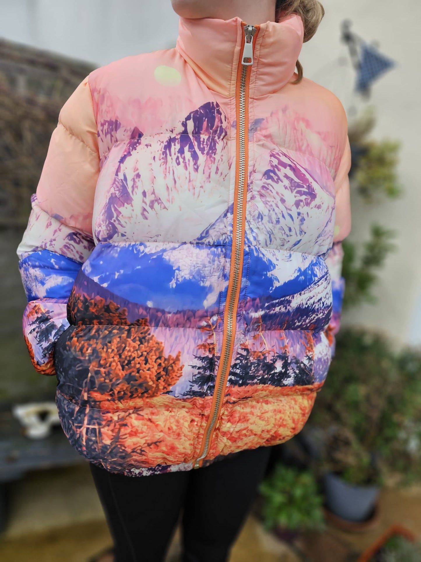 Women's Nasty Gal Mountain Print Puffer Jacket Coat - 8/10