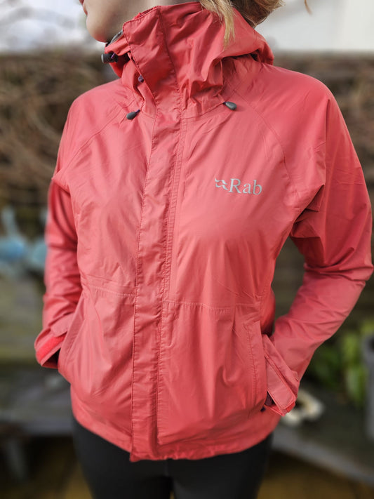 Womens Rab full zip hooded waterproof rain coat/jacket - UK 8 - Pinky/Red