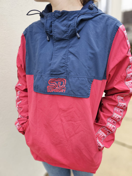 Superdry Red/Navy Pullover Hoodie Anorak Jacket Windbreaker Half Zip - 12/L/Large