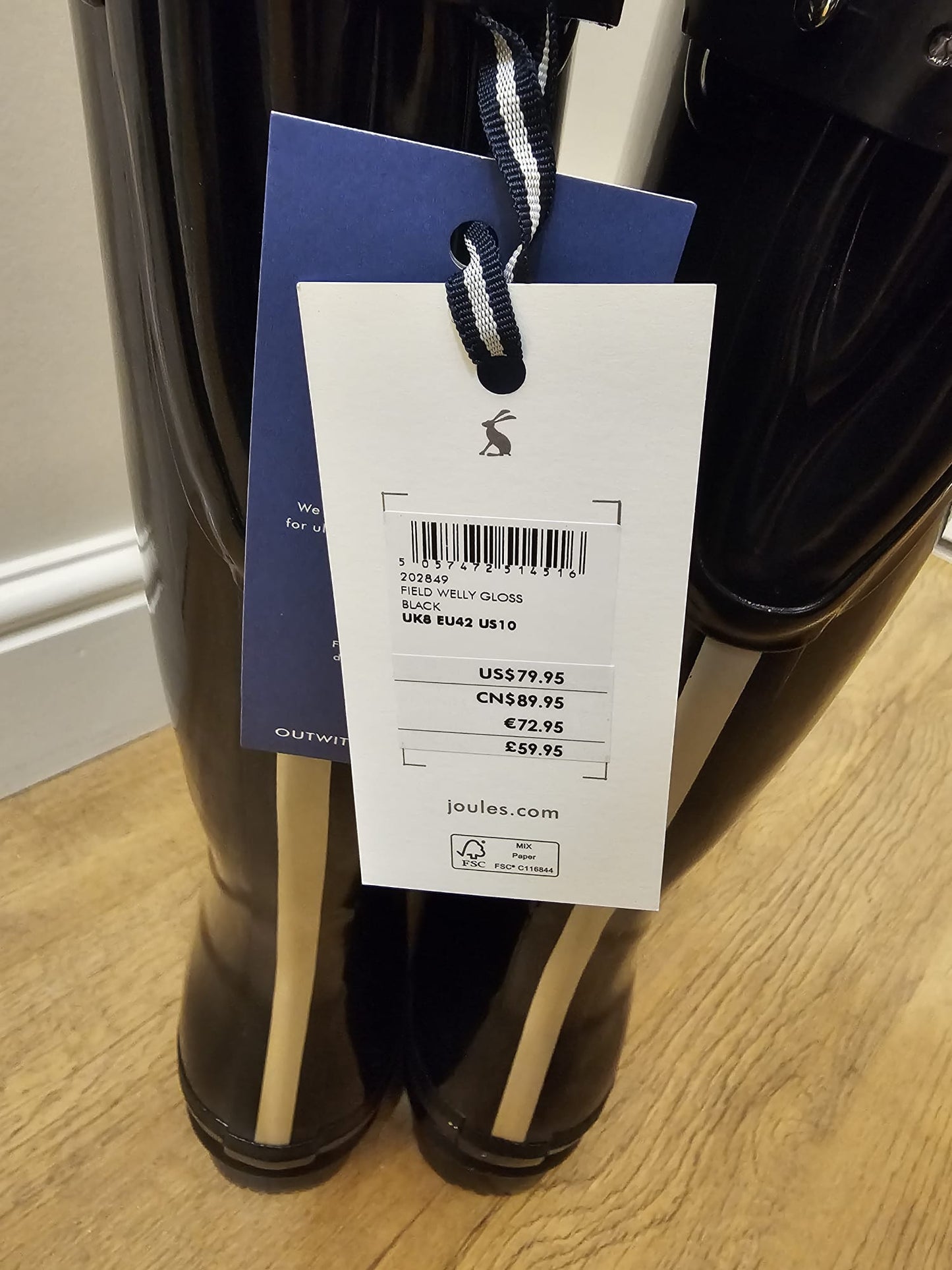 Joules Field Welly Gloss Black Wellington Boots  UK 8 / US 10 / EU 42 RRP 59.95
