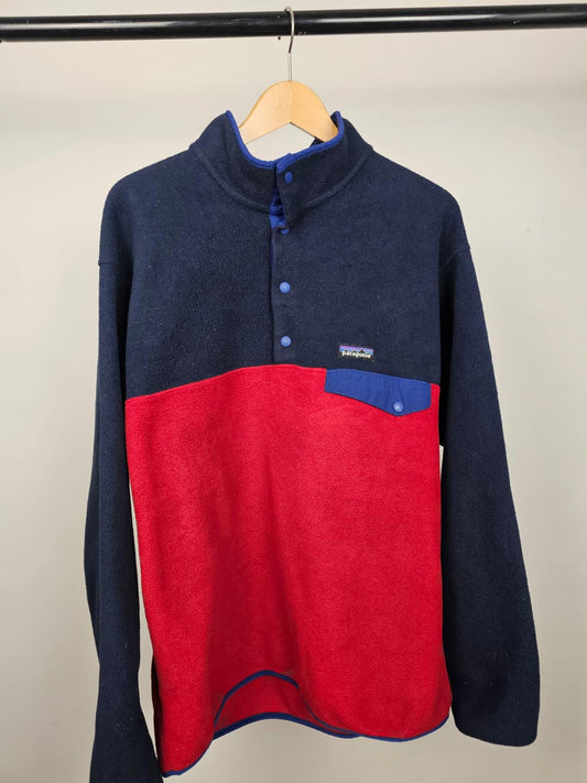 Patagonia Mens Synchilla Pullover Snap Button Fleece Jumper - L/Large - Navy/Red