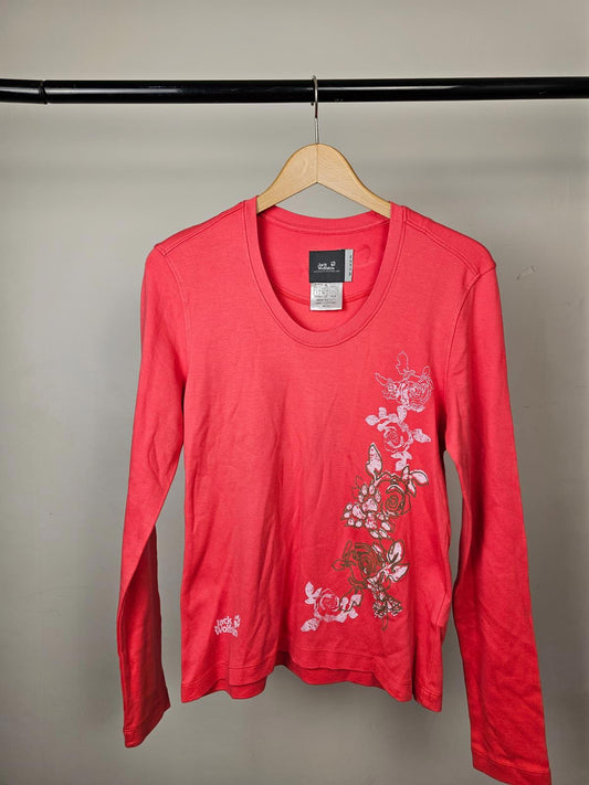 Jack Wolfskin Y2K Floral Print Long Sleeve Top T-Shirt - UK 10 - Coral