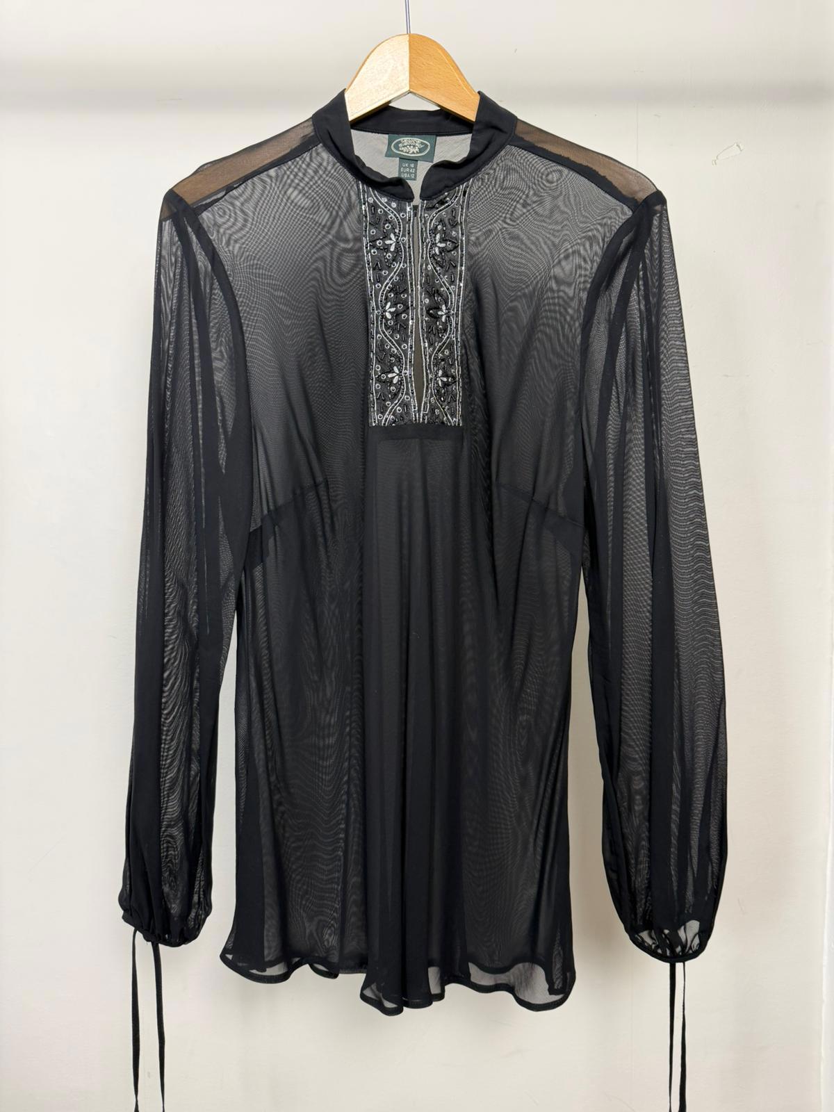 Laura Ashley Vintage 2000's Sheer Embroidered Boho Blouse/Peasant Top - UK 16