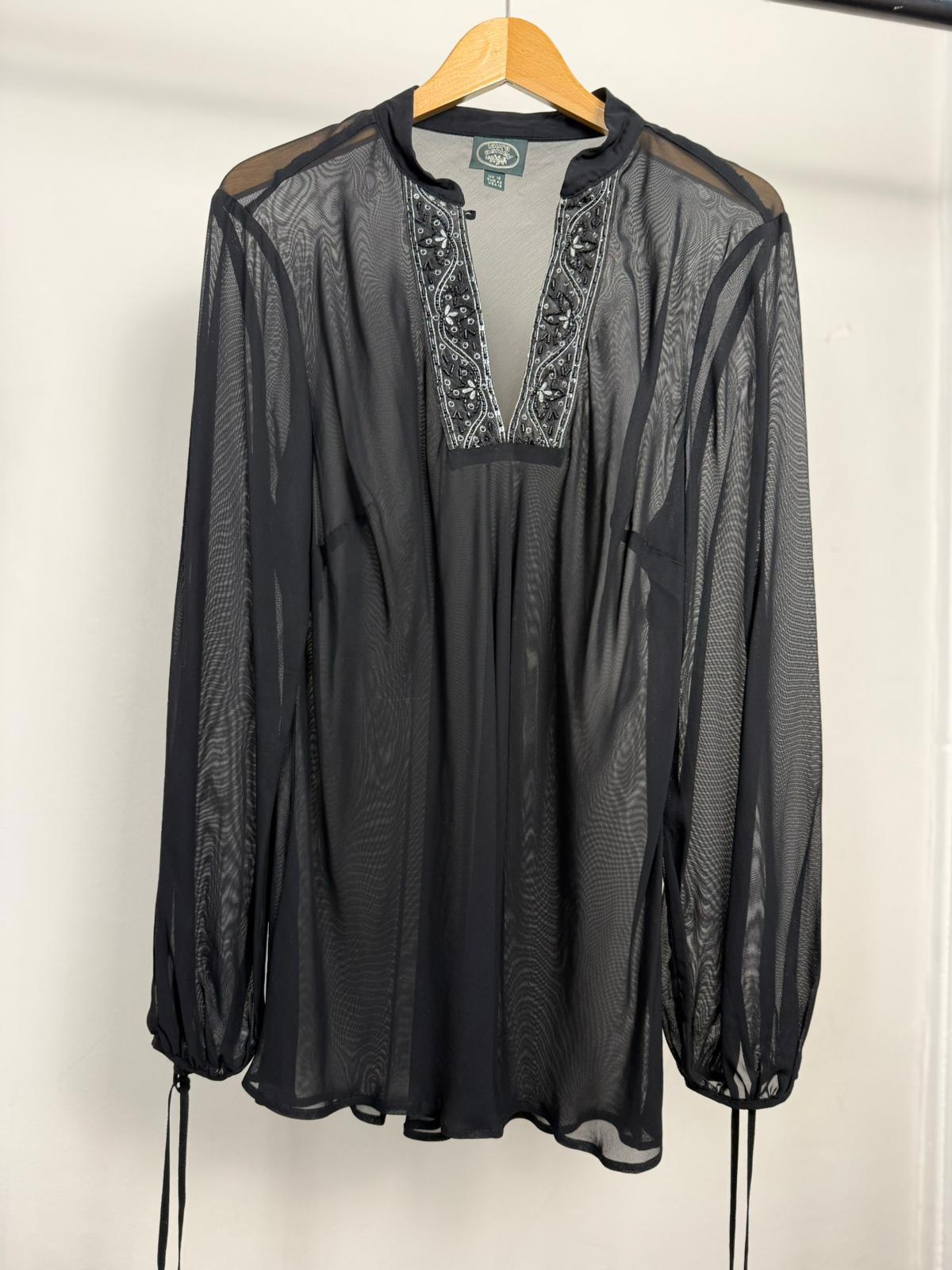 Laura Ashley Vintage 2000's Sheer Embroidered Boho Blouse/Peasant Top - UK 16