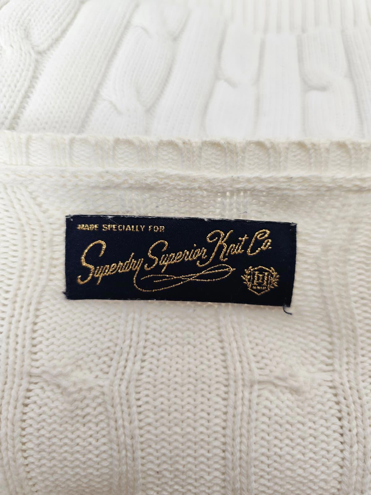 Superdry Embroidered Y2K Style Deep V-Neck Pullover Cable Knit Jumper -16- White