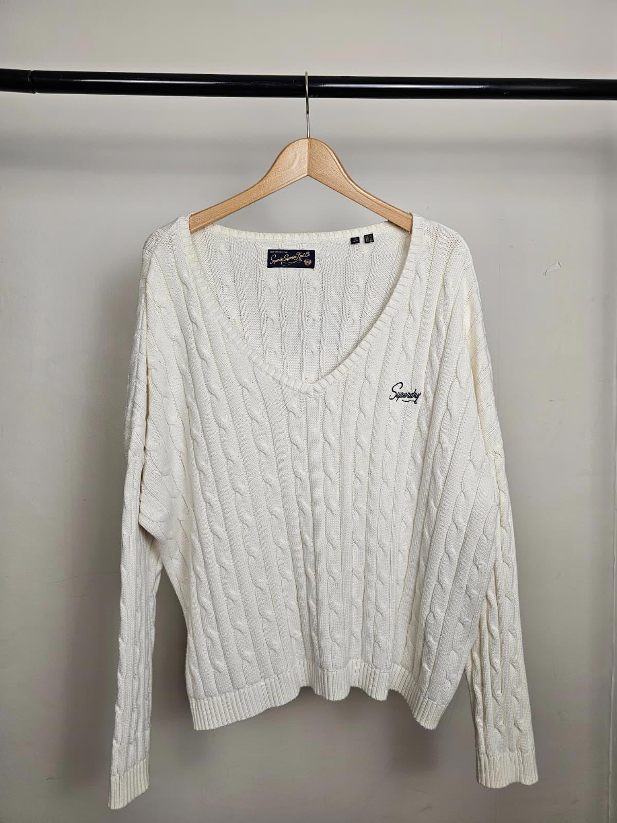 Superdry Embroidered Y2K Style Deep V-Neck Pullover Cable Knit Jumper -16- White