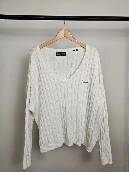 Superdry Embroidered Y2K Style Deep V-Neck Pullover Cable Knit Jumper -16- White