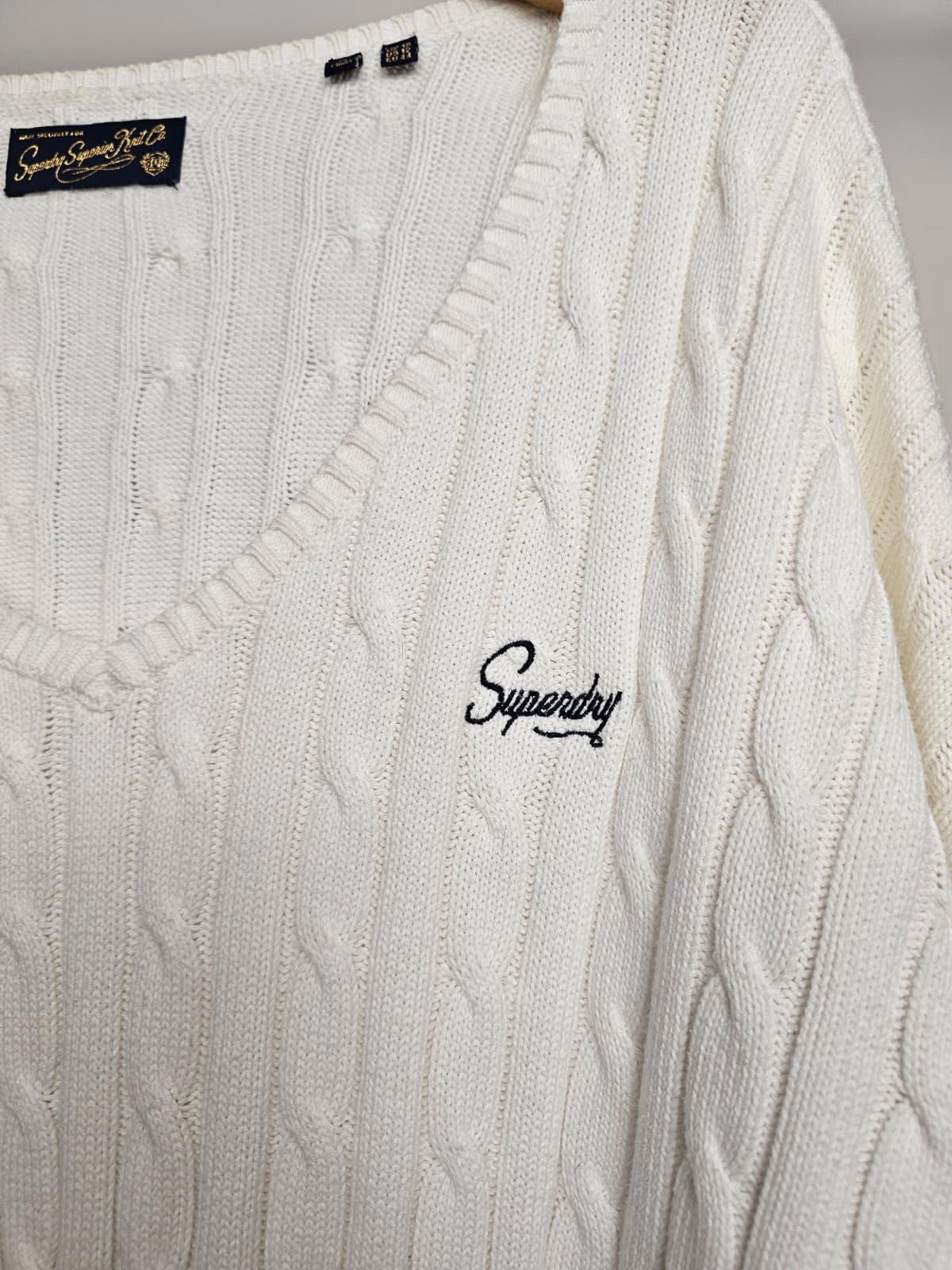 Superdry Embroidered Y2K Style Deep V-Neck Pullover Cable Knit Jumper -16- White