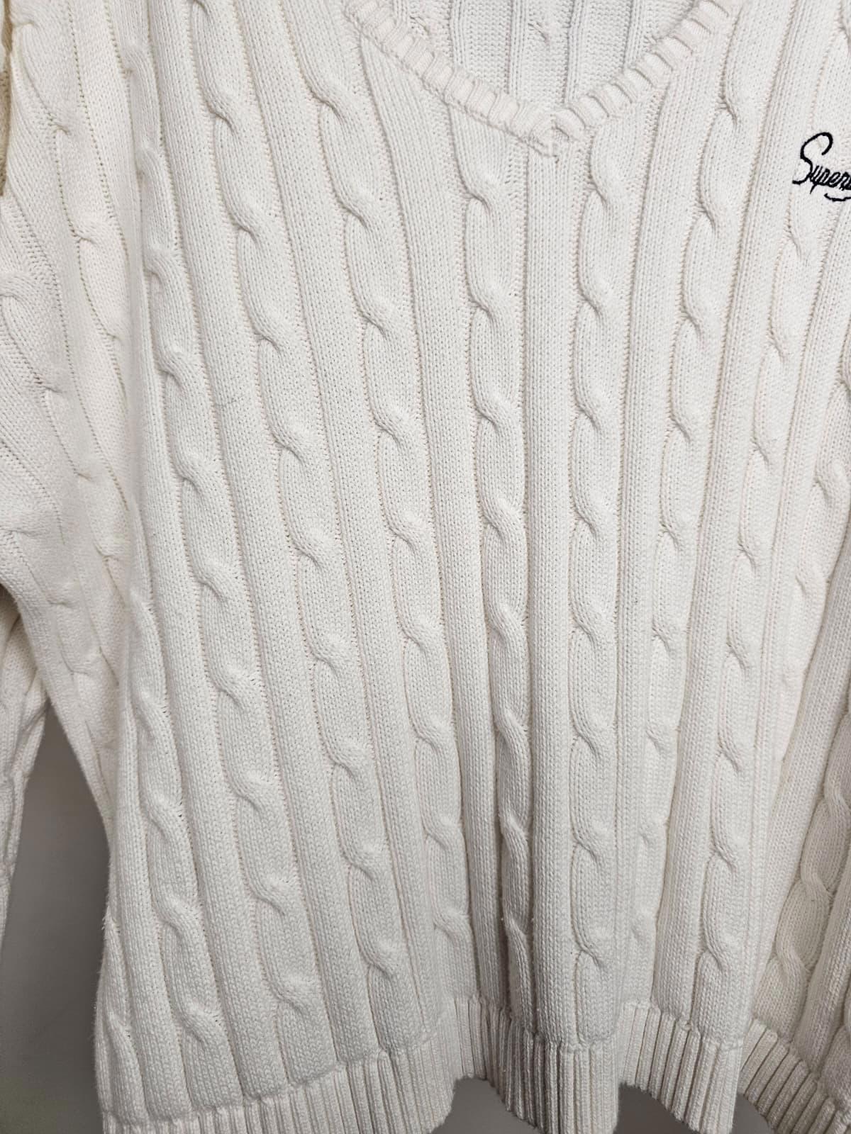 Superdry Embroidered Y2K Style Deep V-Neck Pullover Cable Knit Jumper -16- White