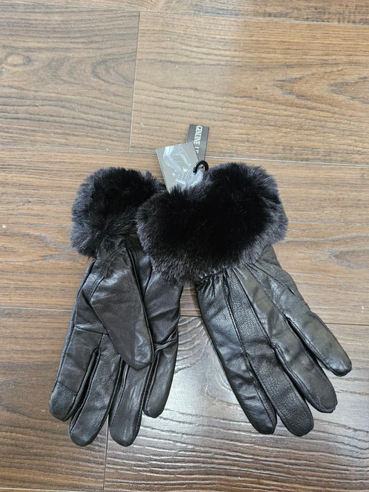 Genuine Womens/Ladies Black Leather Faux Furr Cuff Gloves - S/M Small/Medium