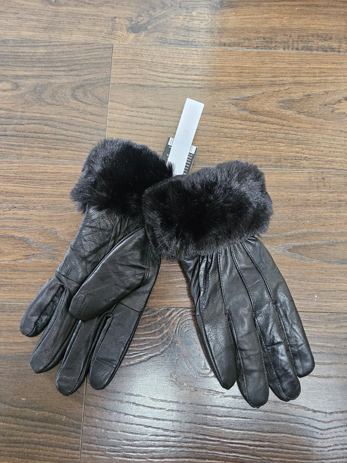 Genuine Womens/Ladies Black Leather Faux Furr Cuff Gloves - S/M Small/Medium