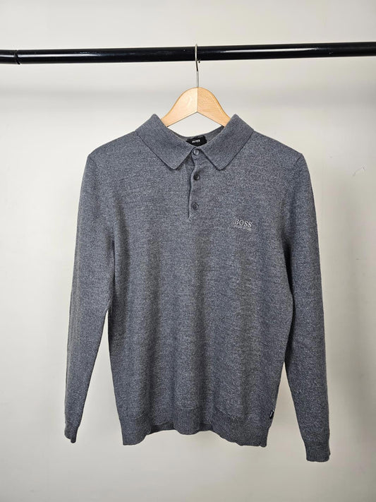 Hugo Boss Mens Extra Fine Merino Wool Polo Style Jumper - S/M - Grey