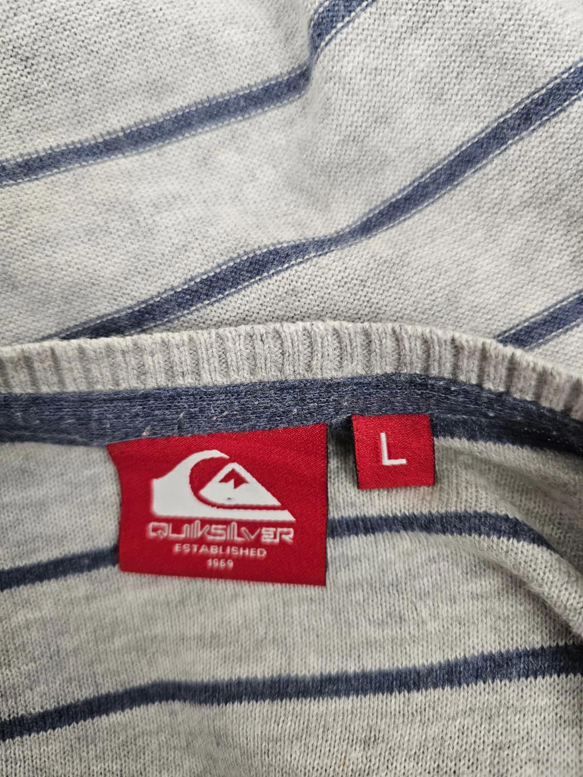 Quiksilver Mens Vintage Y2K 2000s V-Neck Pullover Jumper - L/Large - Grey/Stripe