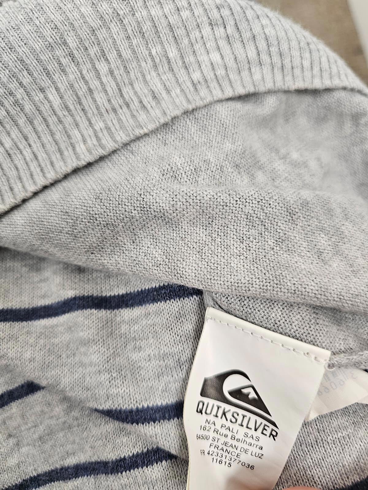 Quiksilver Mens Vintage Y2K 2000s V-Neck Pullover Jumper - L/Large - Grey/Stripe