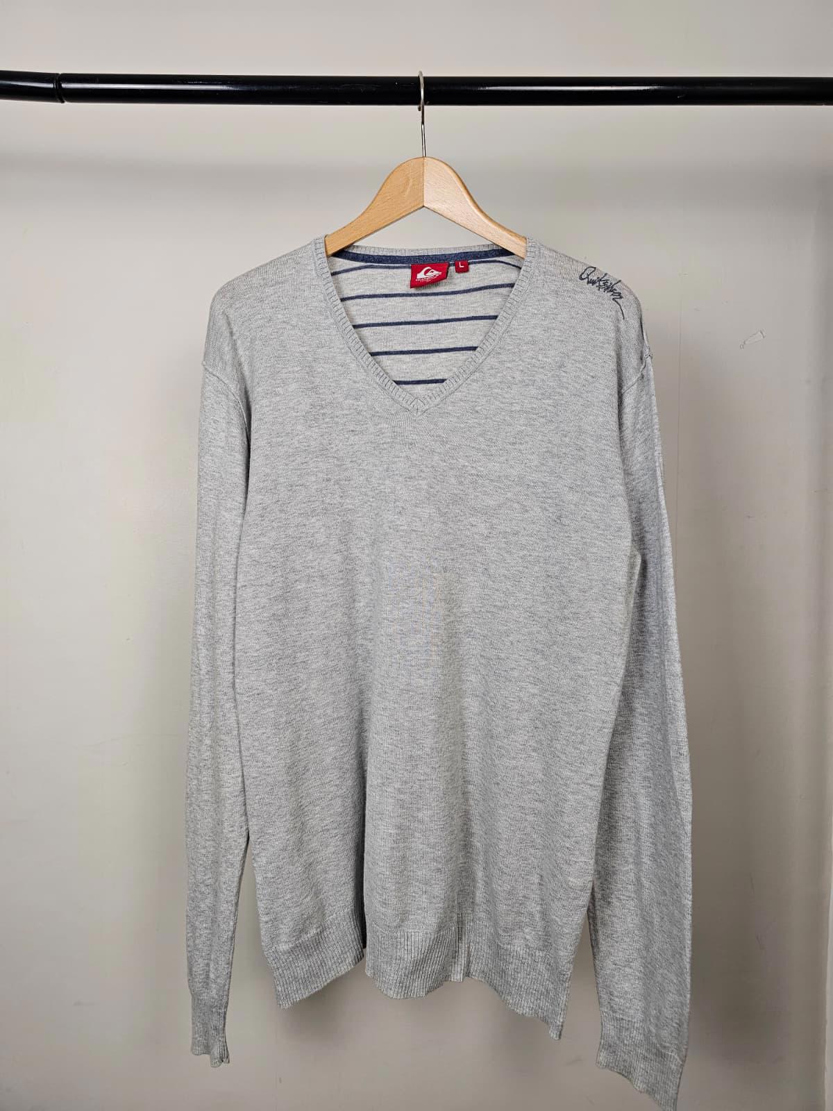 Quiksilver Mens Vintage Y2K 2000s V-Neck Pullover Jumper - L/Large - Grey/Stripe