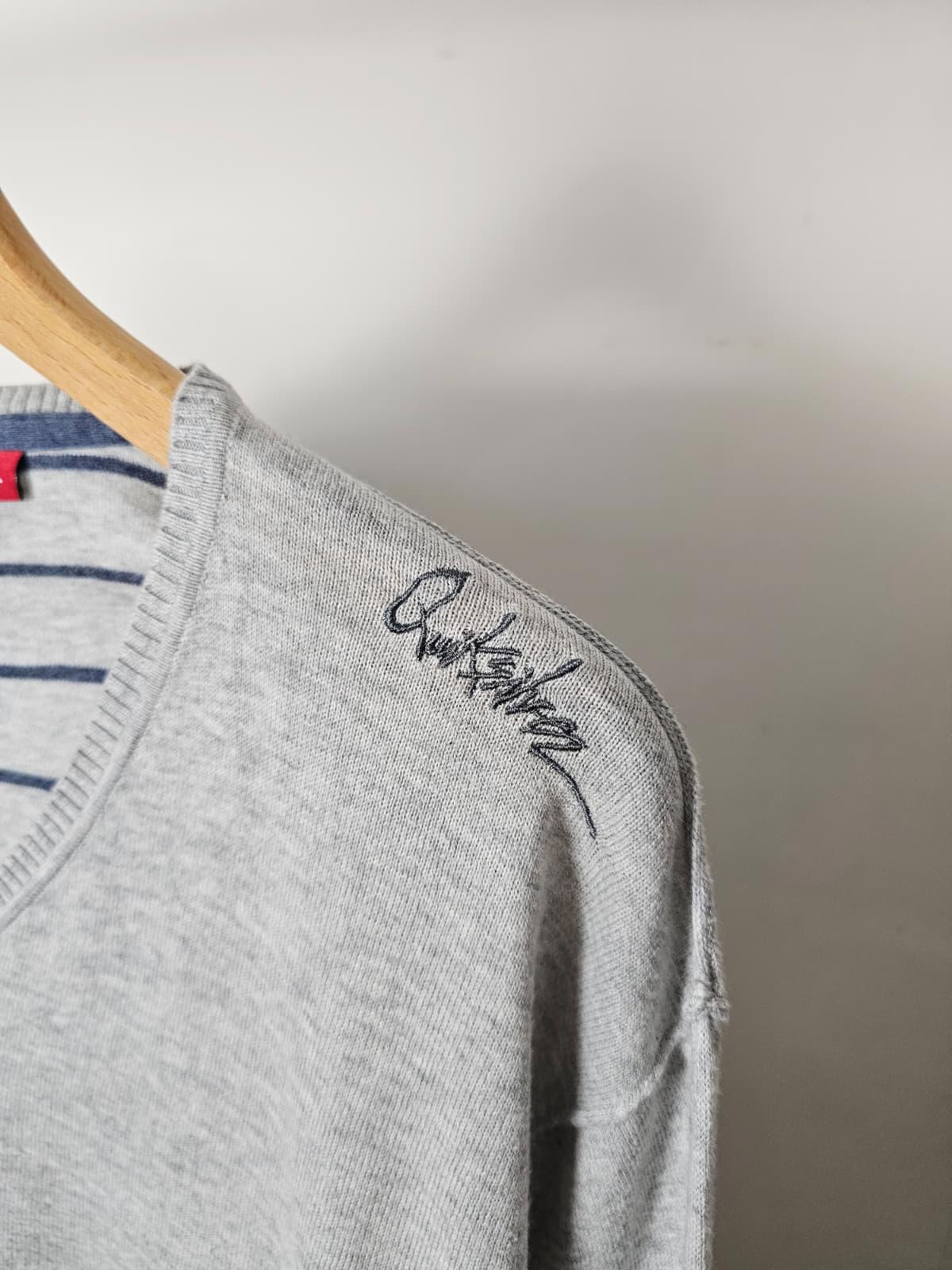 Quiksilver Mens Vintage Y2K 2000s V-Neck Pullover Jumper - L/Large - Grey/Stripe