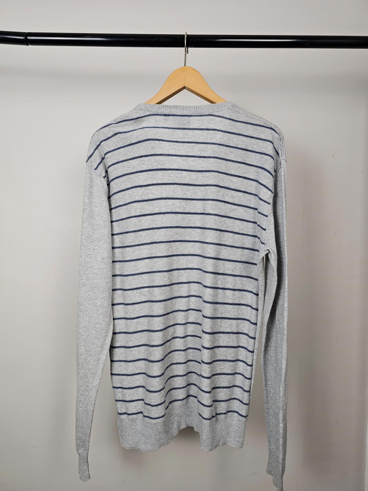 Quiksilver Mens Vintage Y2K 2000s V-Neck Pullover Jumper - L/Large - Grey/Stripe