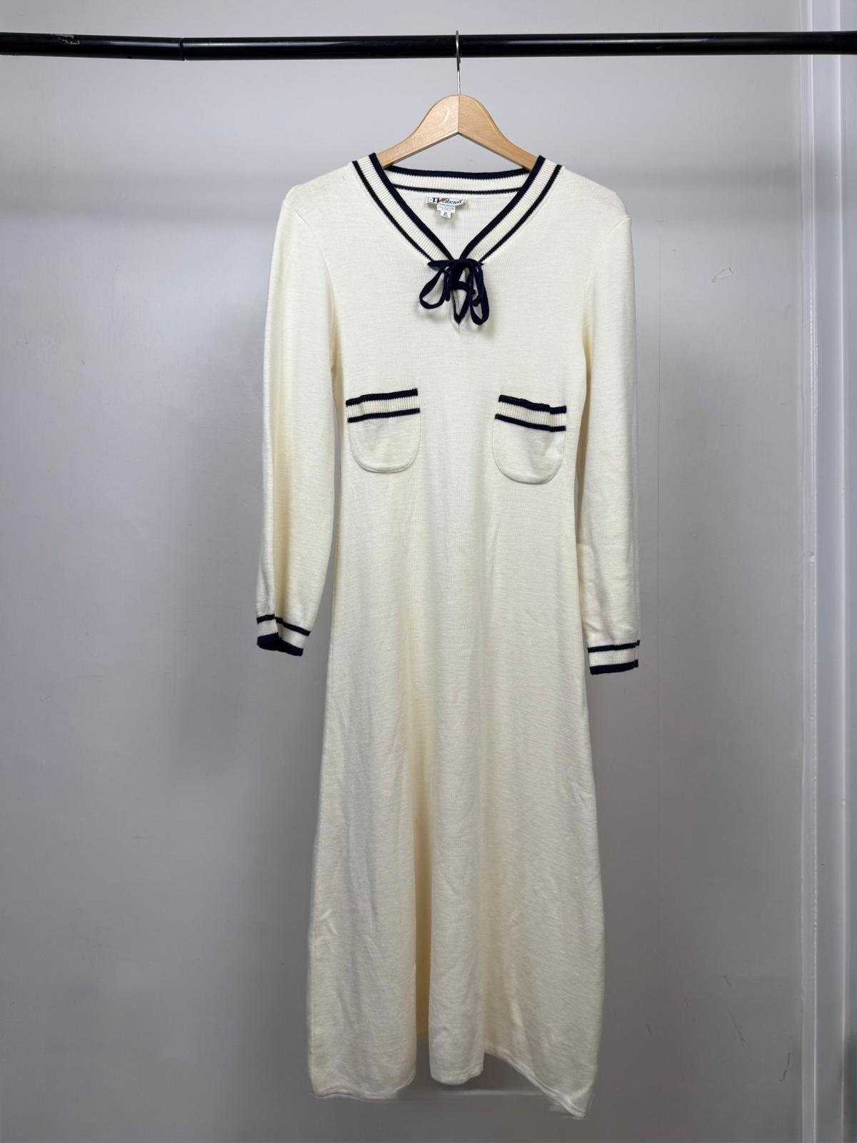Wetherall Women's Vintage 100% Wool V-Neck Midi Dress  - Made in UK - 10 - Cream