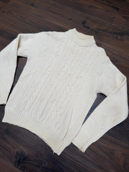 Visor Empire Mens Vintage 100% Wool Cable Knit Pullover Jumper - S/Small  -Cream