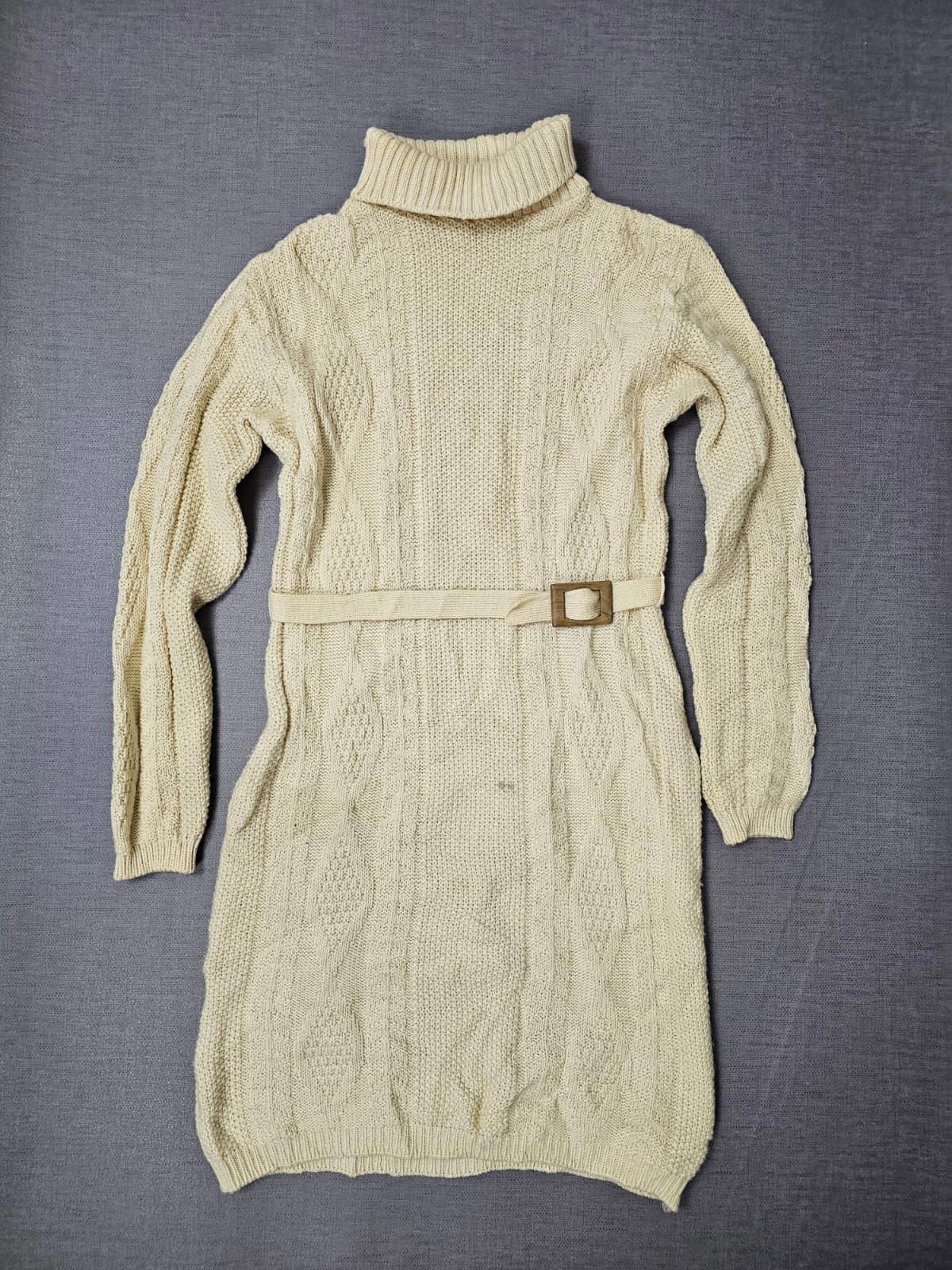 Women's Vintage 90's Textured Roll Neck Cable Hand Knit Dress - 10-12 - Cream