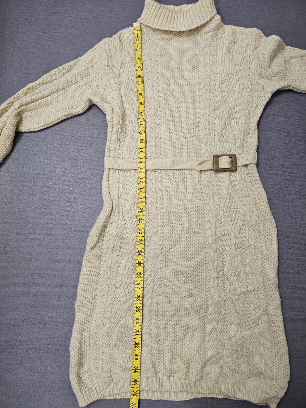 Women's Vintage 90's Textured Roll Neck Cable Hand Knit Dress - 10-12 - Cream