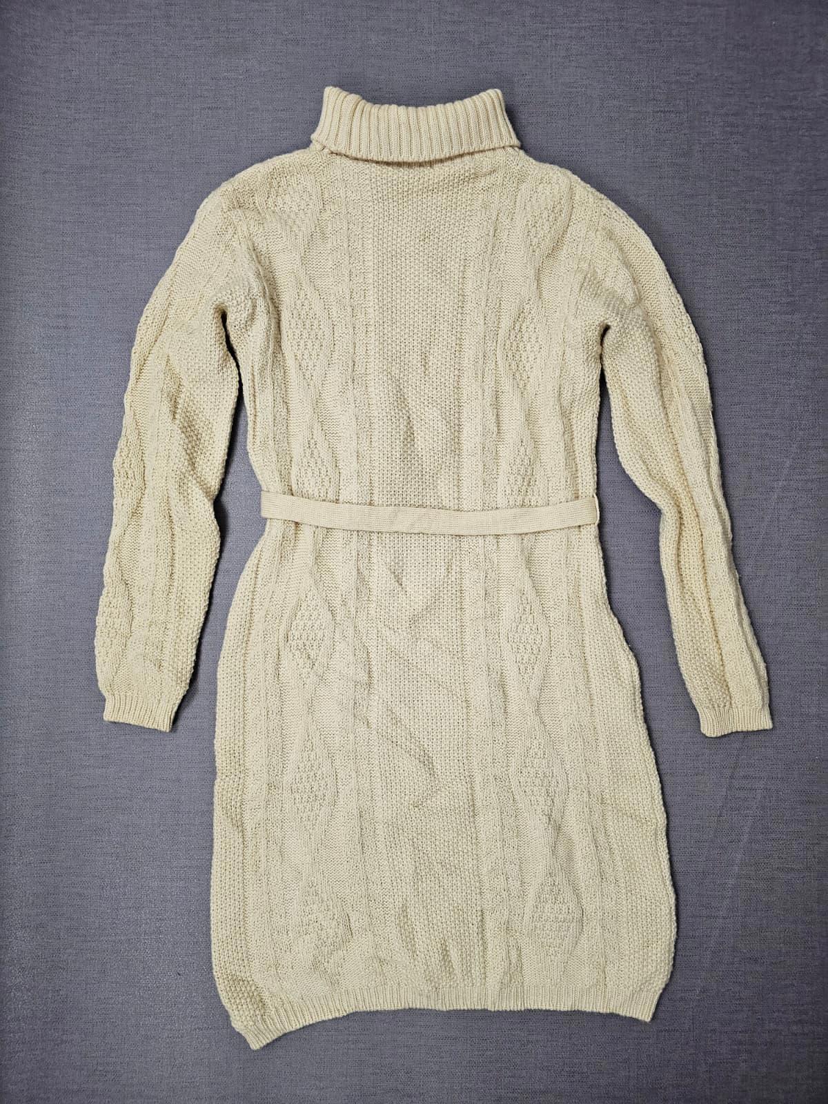 Women's Vintage 90's Textured Roll Neck Cable Hand Knit Dress - 10-12 - Cream