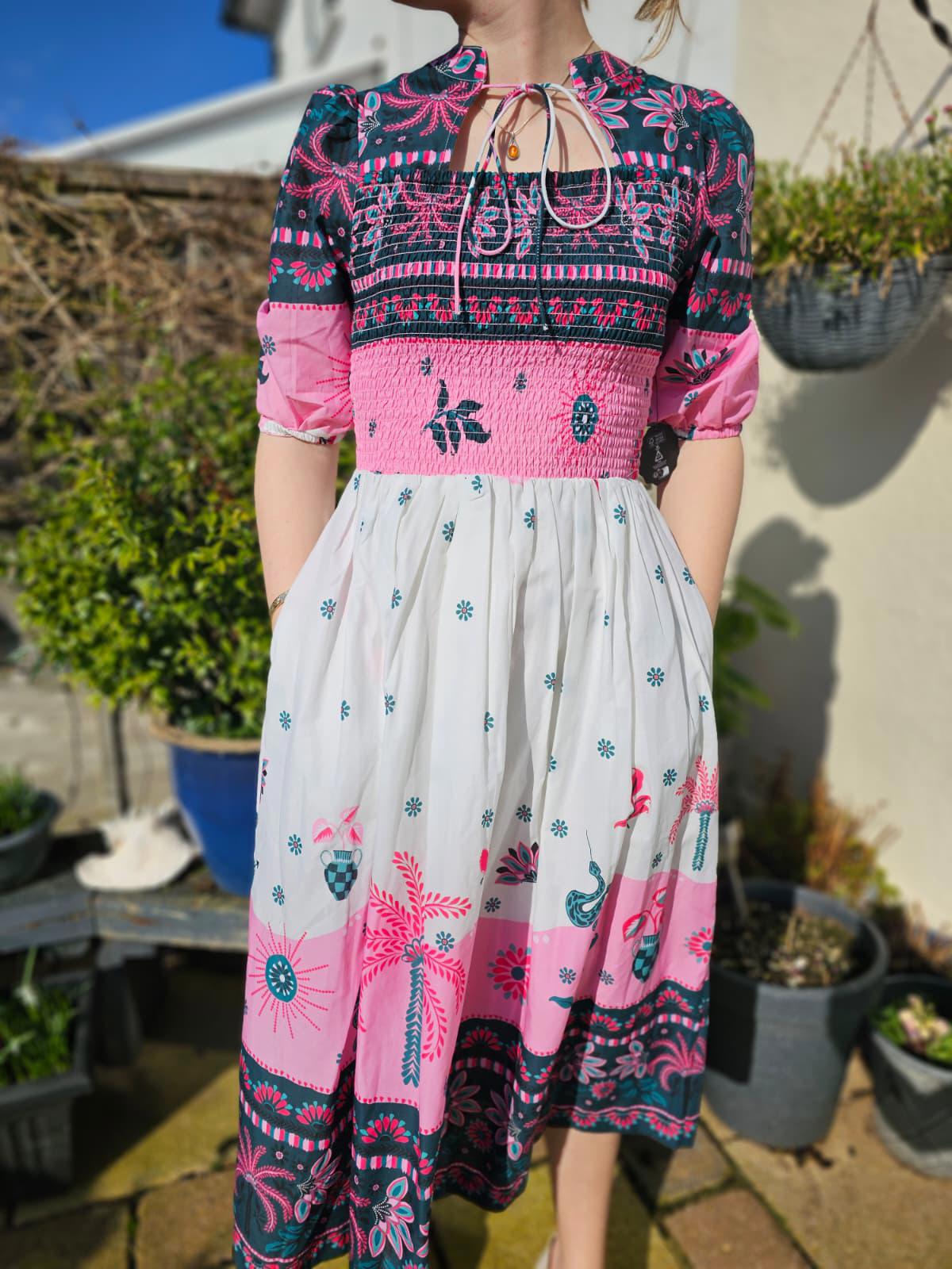 Joanie Womens Palm Tree Print Floral/Fauna Print Tie Neck Midi Dress - UK 8**