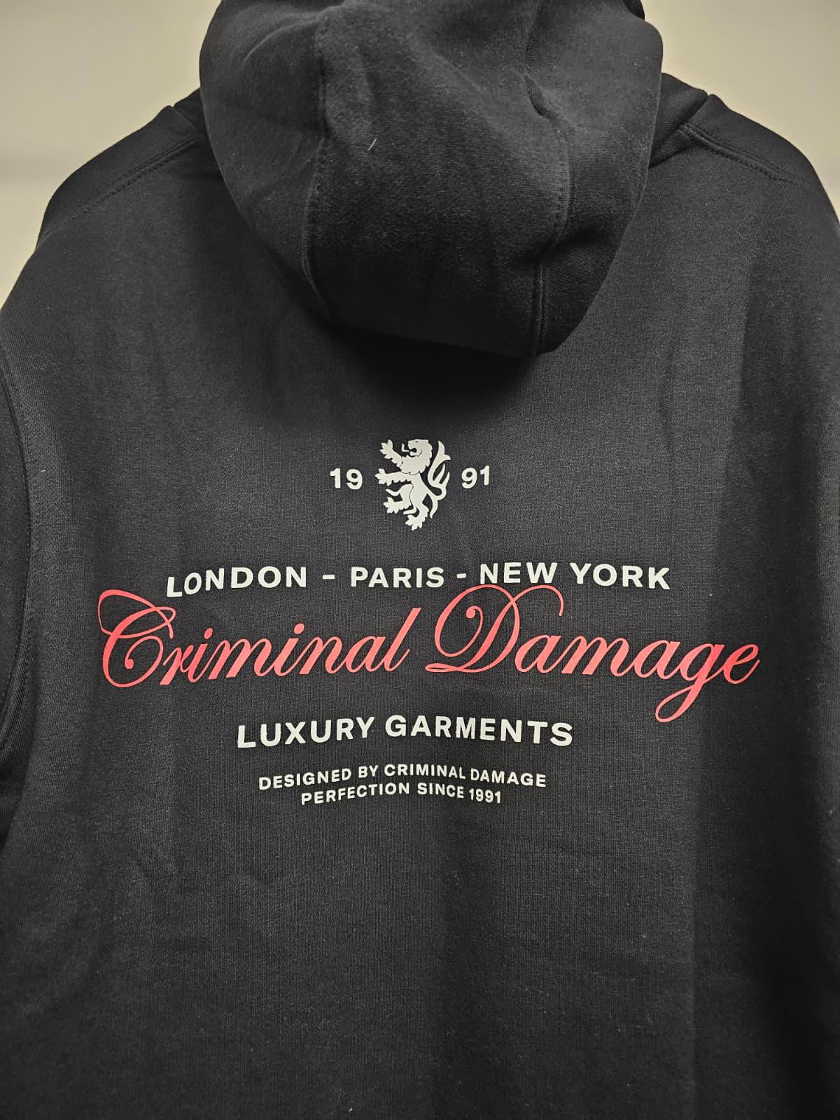 Criminal Damage Luxury Garments Mens Pullover Back/Front Print Hoodie -M/Medium