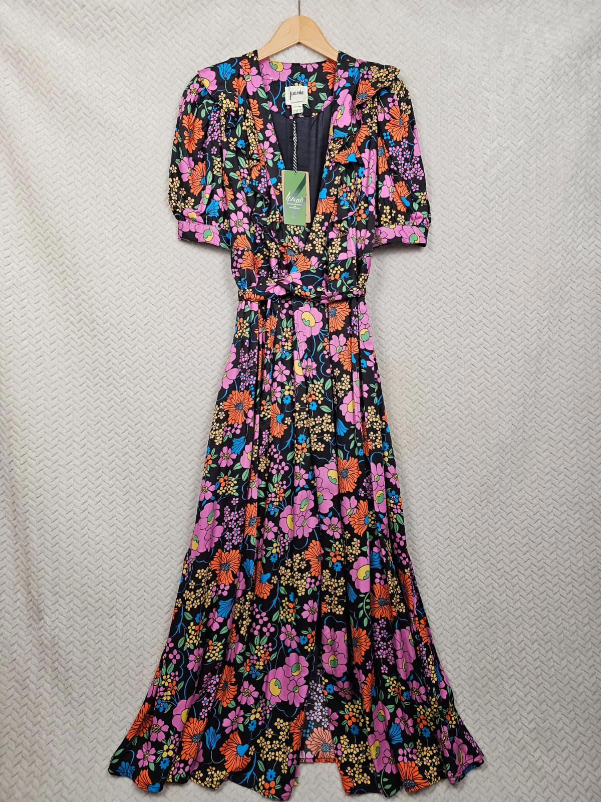 Joanie X Zeena Shah Womens Retro Floral Print Ruffle Collar Wrap Dress - UK 10