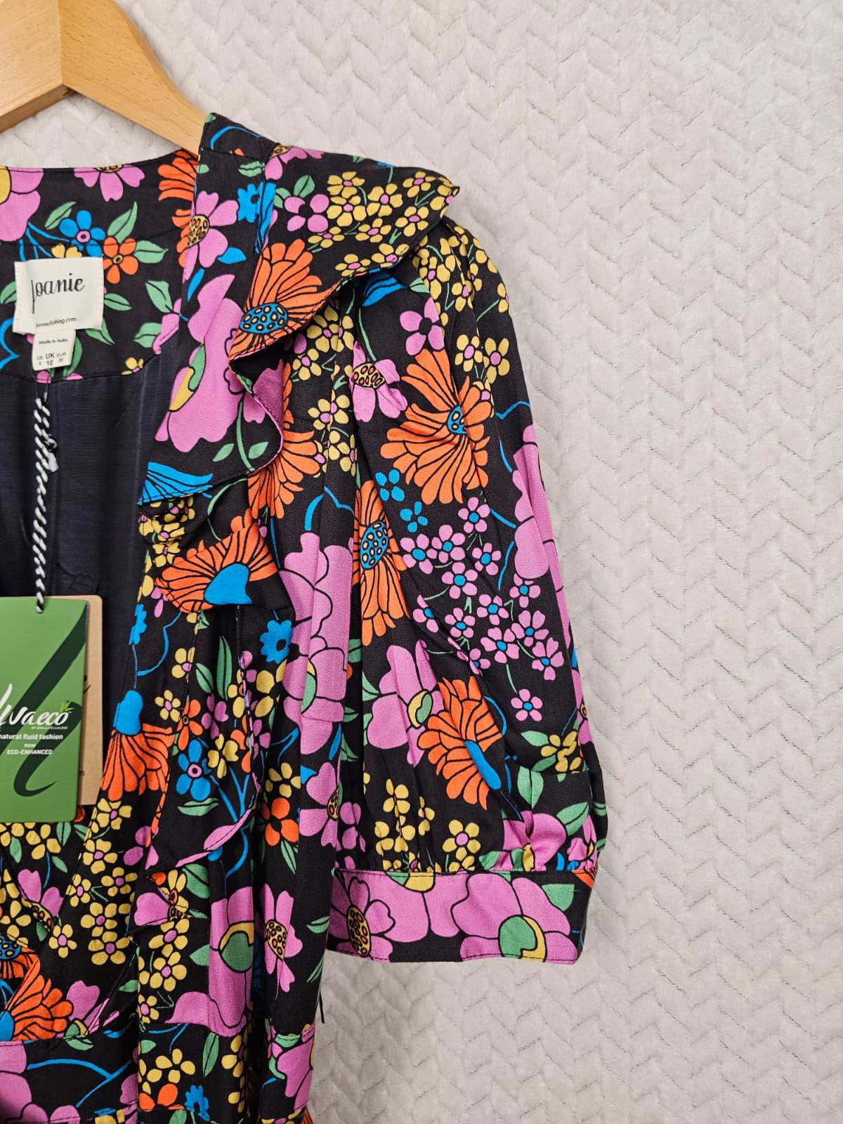 Joanie X Zeena Shah Womens Retro Floral Print Ruffle Collar Wrap Dress - UK 10