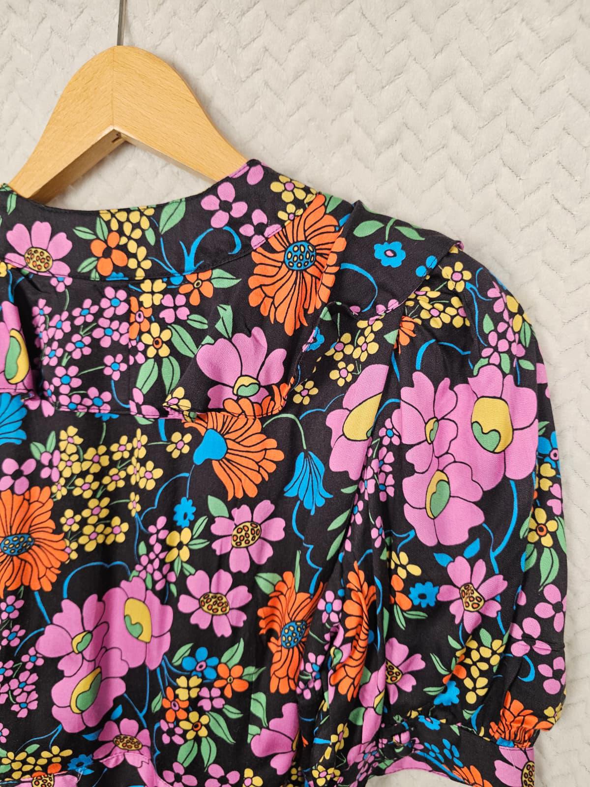 Joanie X Zeena Shah Womens Retro Floral Print Ruffle Collar Wrap Dress - UK 10