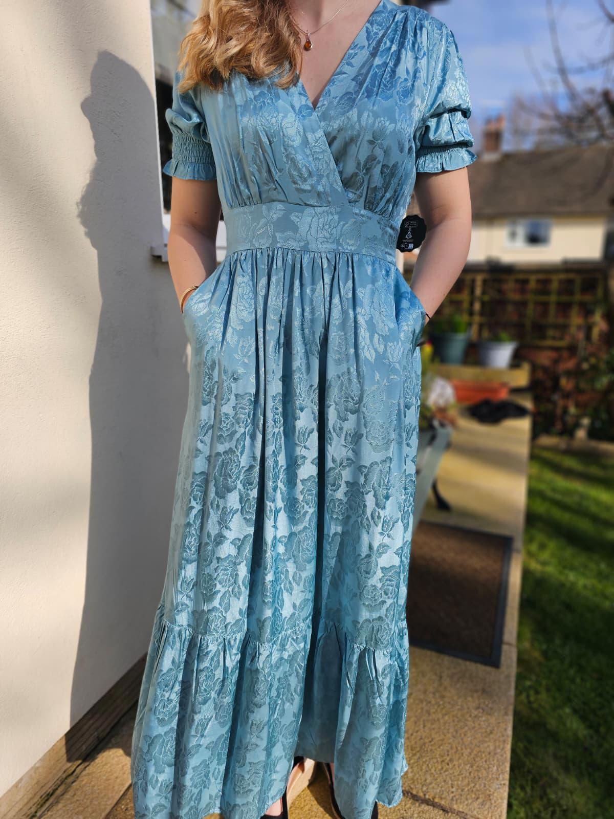 Joanie Womens Alberto Floral Damask Midaxi Shimmer Spring Dress - Blue - UK 10