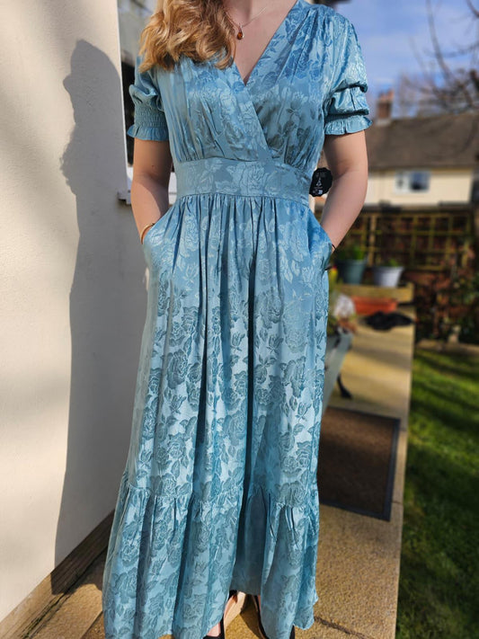 Joanie Womens Alberto Floral Damask Midaxi Shimmer Spring Dress - Blue - UK 10