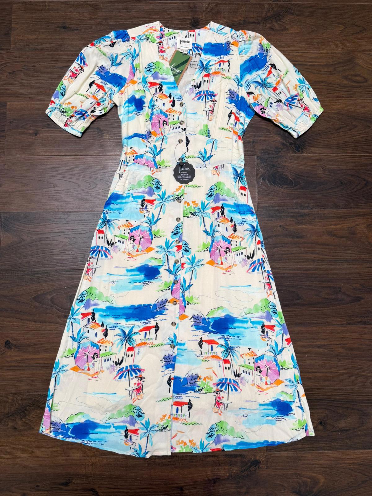 Joanie Womens Rebecca Riviera Print Puff Sleeve Spring Summer Midi Dress - UK 8