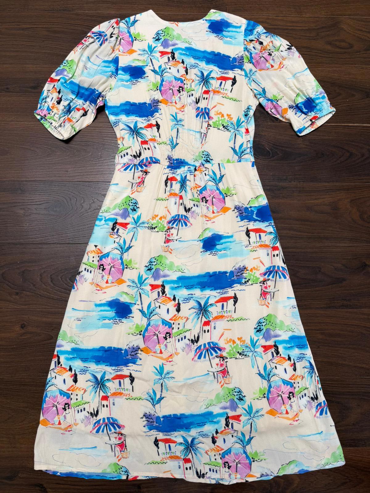 Joanie Womens Rebecca Riviera Print Puff Sleeve Spring Summer Midi Dress - UK 8