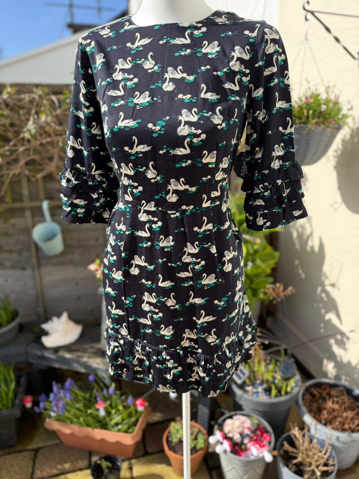 Joanie Womens Caroline Swan Lake Print Ruffle Mini Casual Spring Dress - UK 10